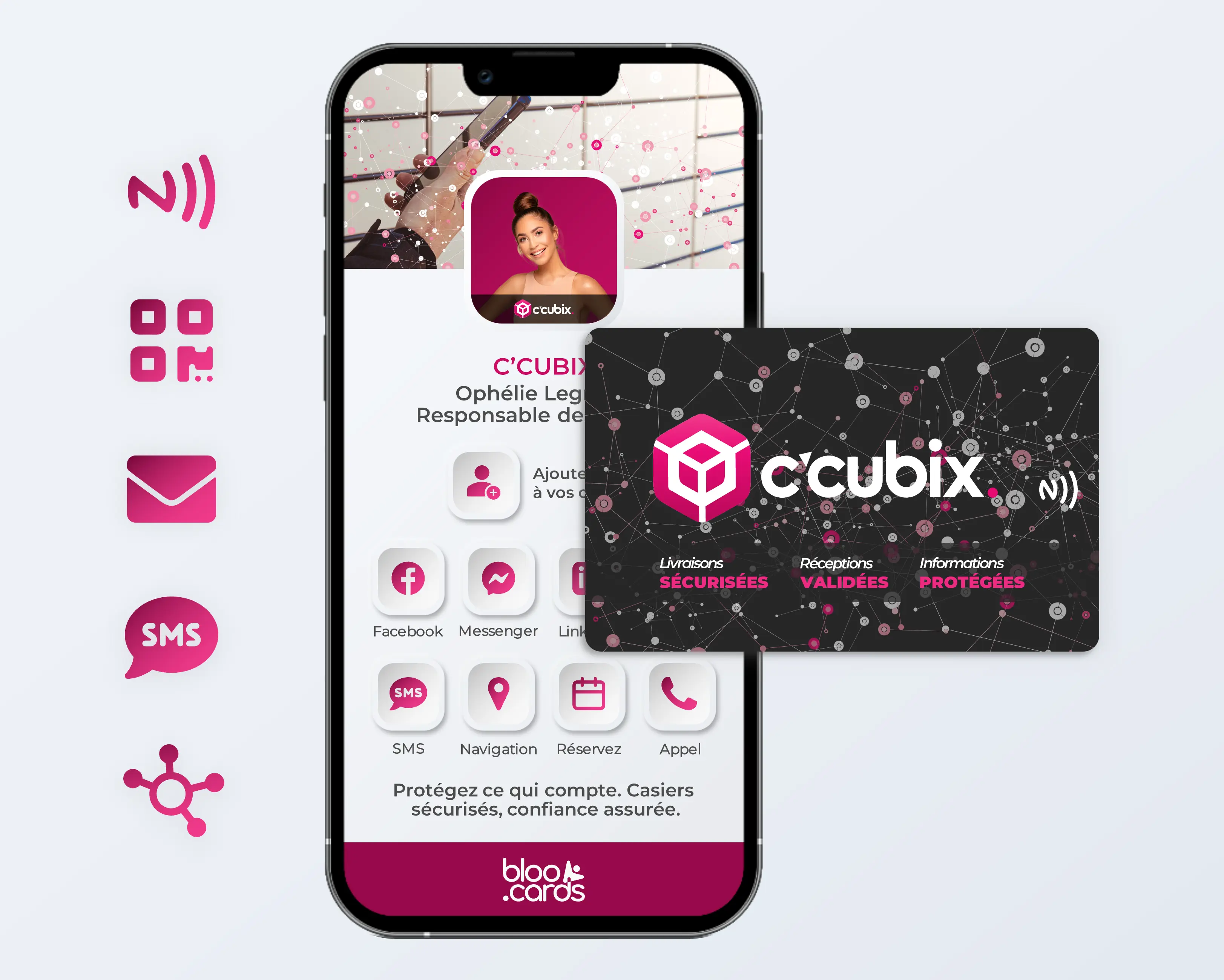 Partage instantané de cartes de visite digitales bloo.Cards – NFC, QR code, email, SMS et plus de 21 réseaux sociaux pour une accessibilité maximale en un seul geste.