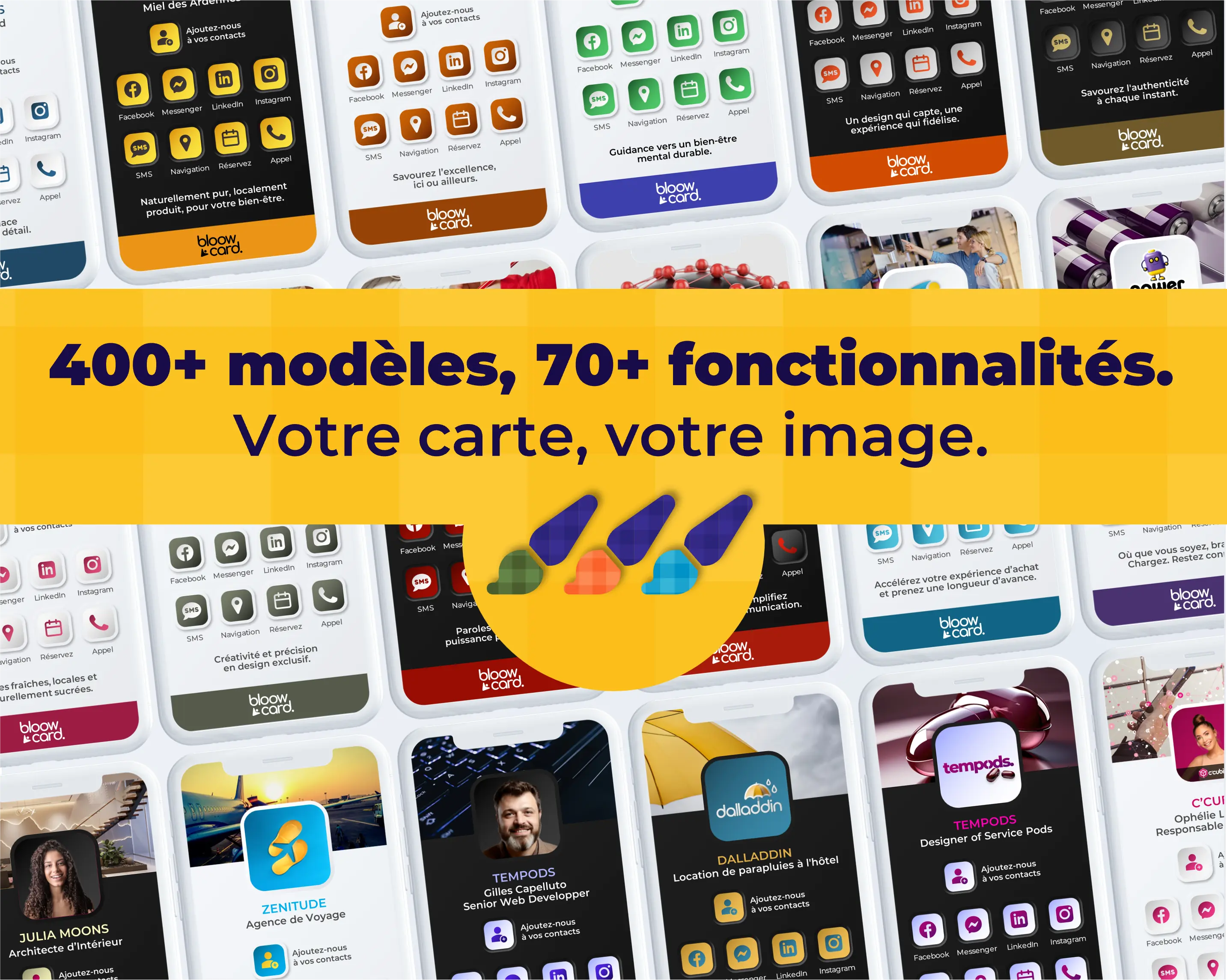 Personnalisez votre carte bloo.Cards – Créez une carte à l’image de votre marque avec plus de 400 modèles et des contenus immersifs comme vidéos, galeries et témoignages.