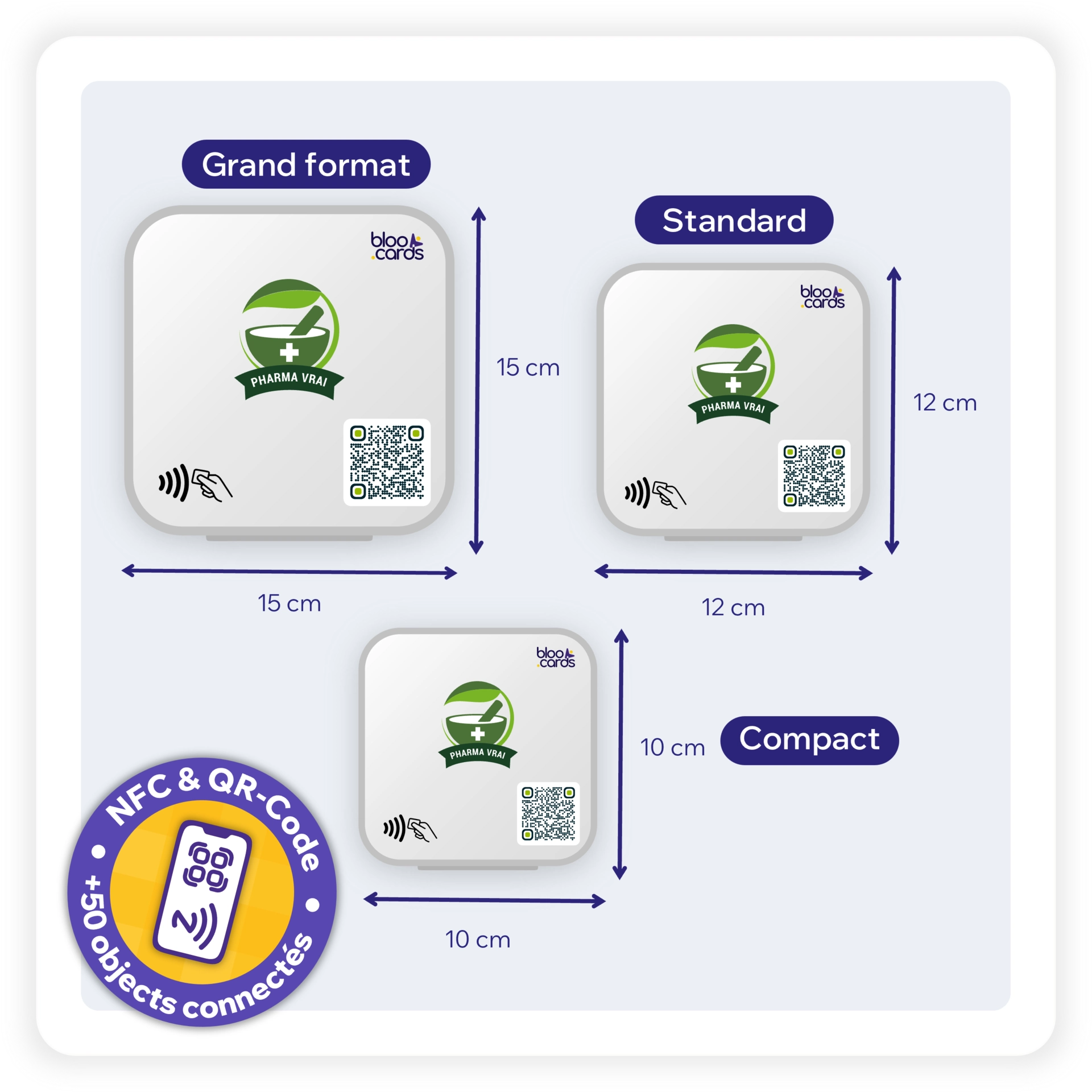 Supports NFC bloo.Cards avec QR Code intégrés – trois formats disponibles : compact 10 cm, standard 12 cm, grand format 15 cm. Adaptés aux vitrines et comptoirs, fixés avec adhésif 3M ou repositionnables.