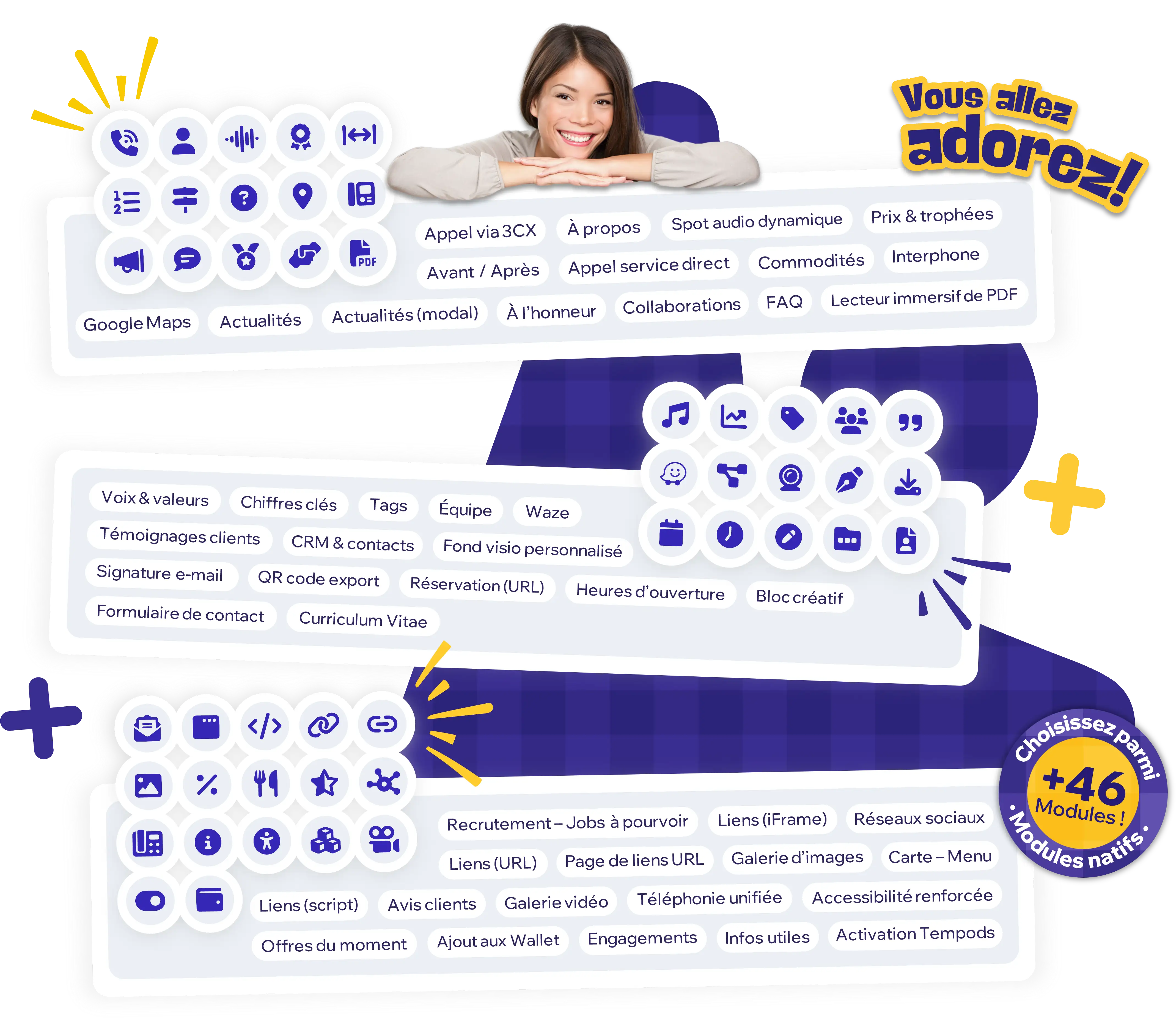 Aperçu des modules natifs de bloo.Cards : appels, contacts, carte papier vers digital, fidélité, position, annonces, QR code, réservation, et plus de 40 autres fonctions professionnelles.