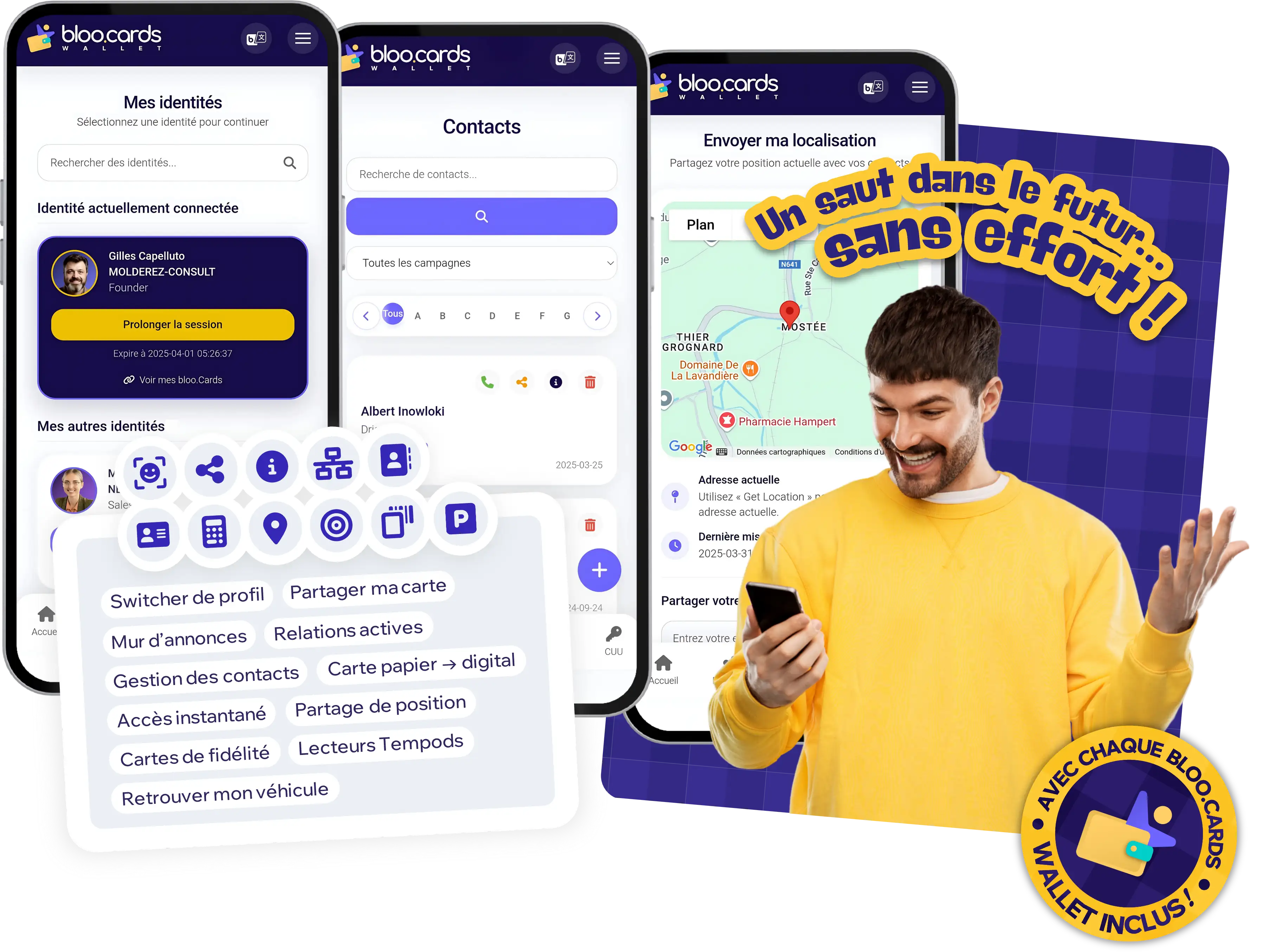Interface bloo.Cards Wallet sur smartphone : gérez vos identités, vos contacts, partagez votre position ou retrouvez votre voiture