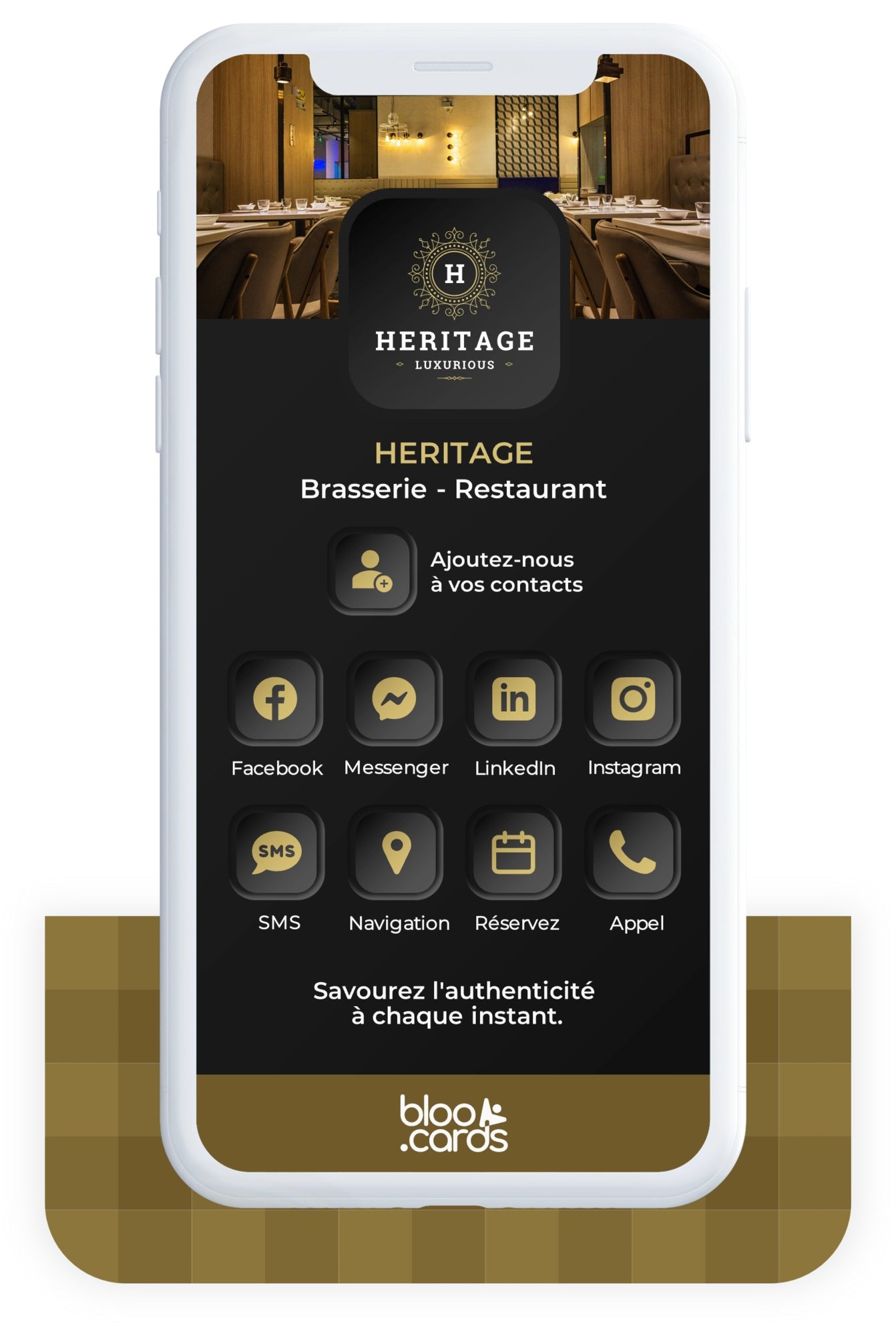 Carte digitale bloo.Cards du restaurant HERITAGE : contactez, réservez et localisez facilement une brasserie élégante