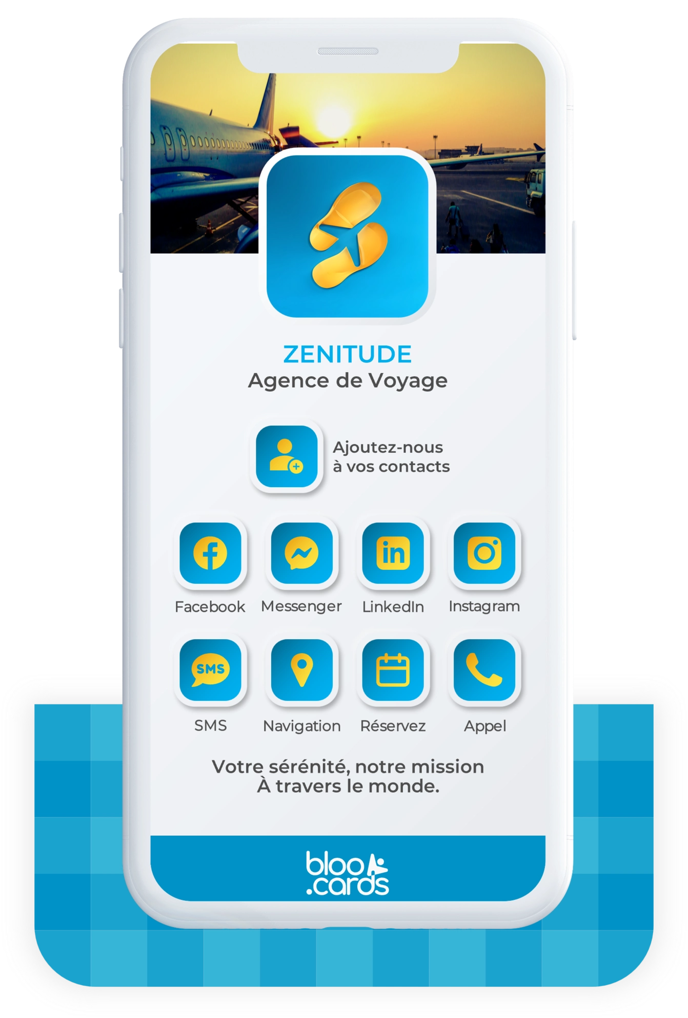 Carte digitale bloo.Cards ZENITUDE – agence de voyage avec réservation, appel, itinéraire, et lien direct vers les réseaux sociaux.