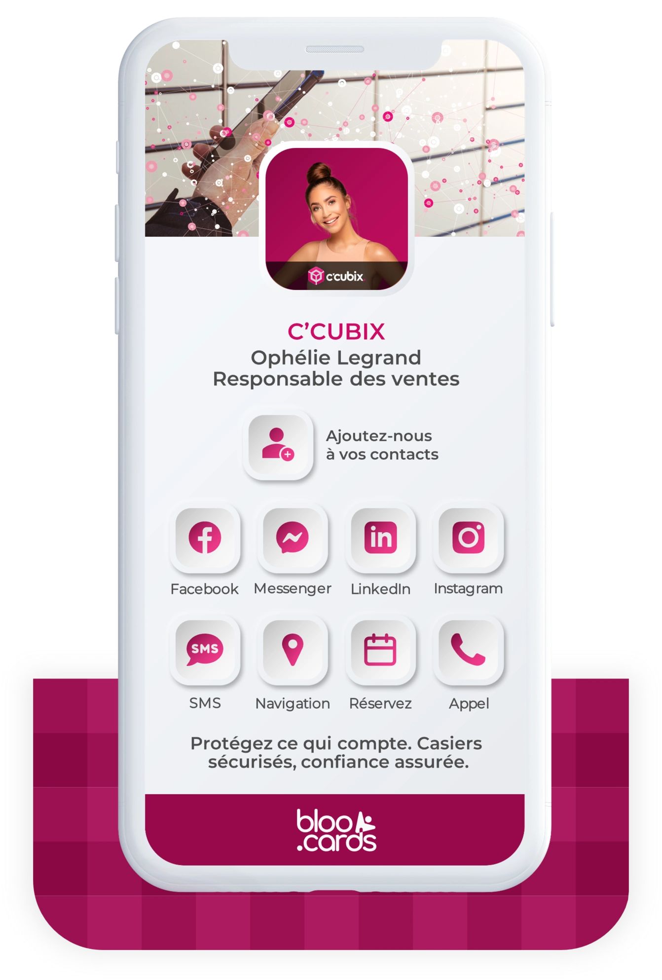Carte de visite digitale bloo.Cards de C’CUBIX : Ophélie Legrand, Responsable des ventes, avec accès direct aux réseaux sociaux, SMS, navigation, appel et prise de rendez-vous