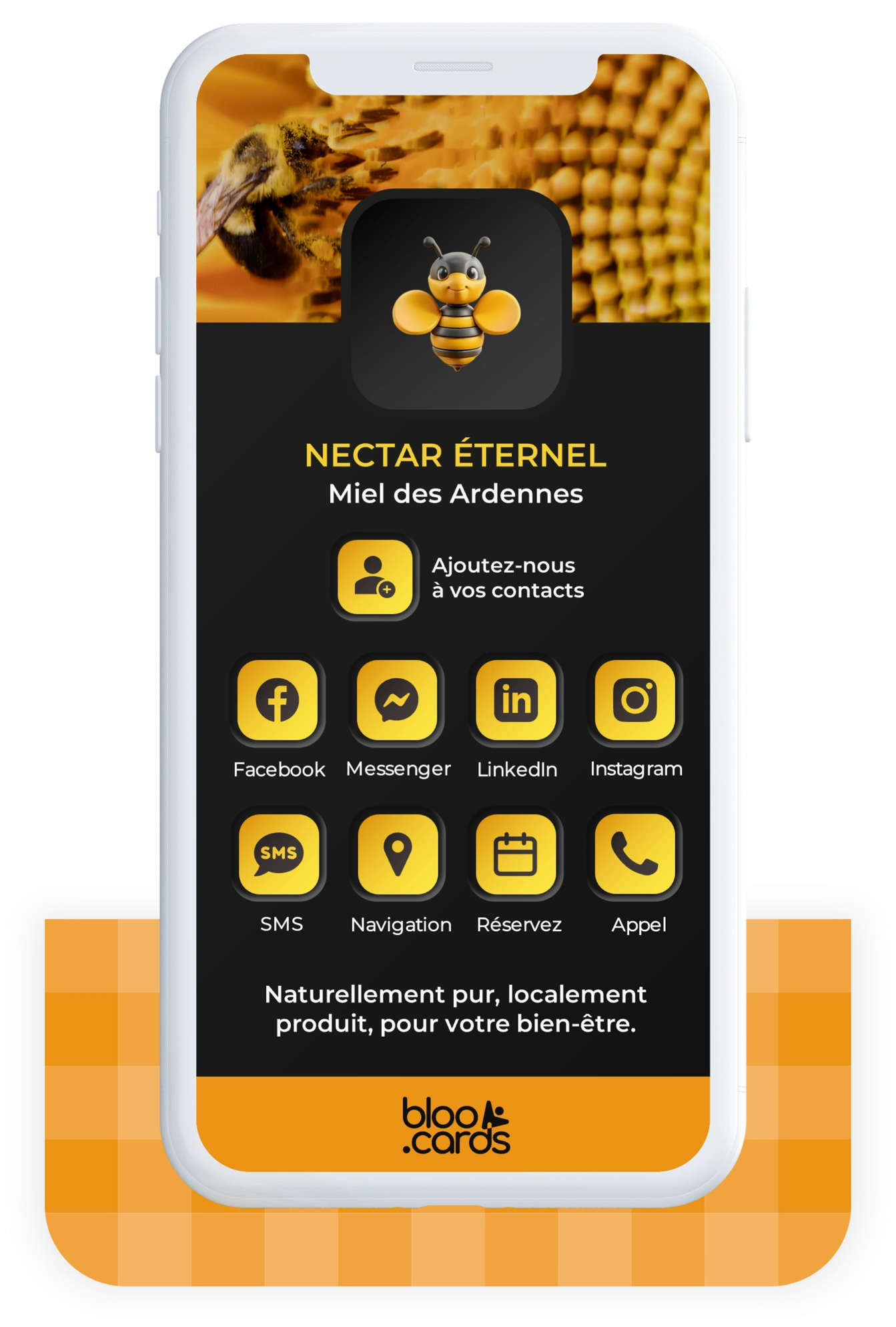 Carte digitale bloo.Cards de NECTAR ÉTERNEL, producteur de miel des Ardennes : ajoutez aux contacts, découvrez les réseaux sociaux, réservez ou appelez