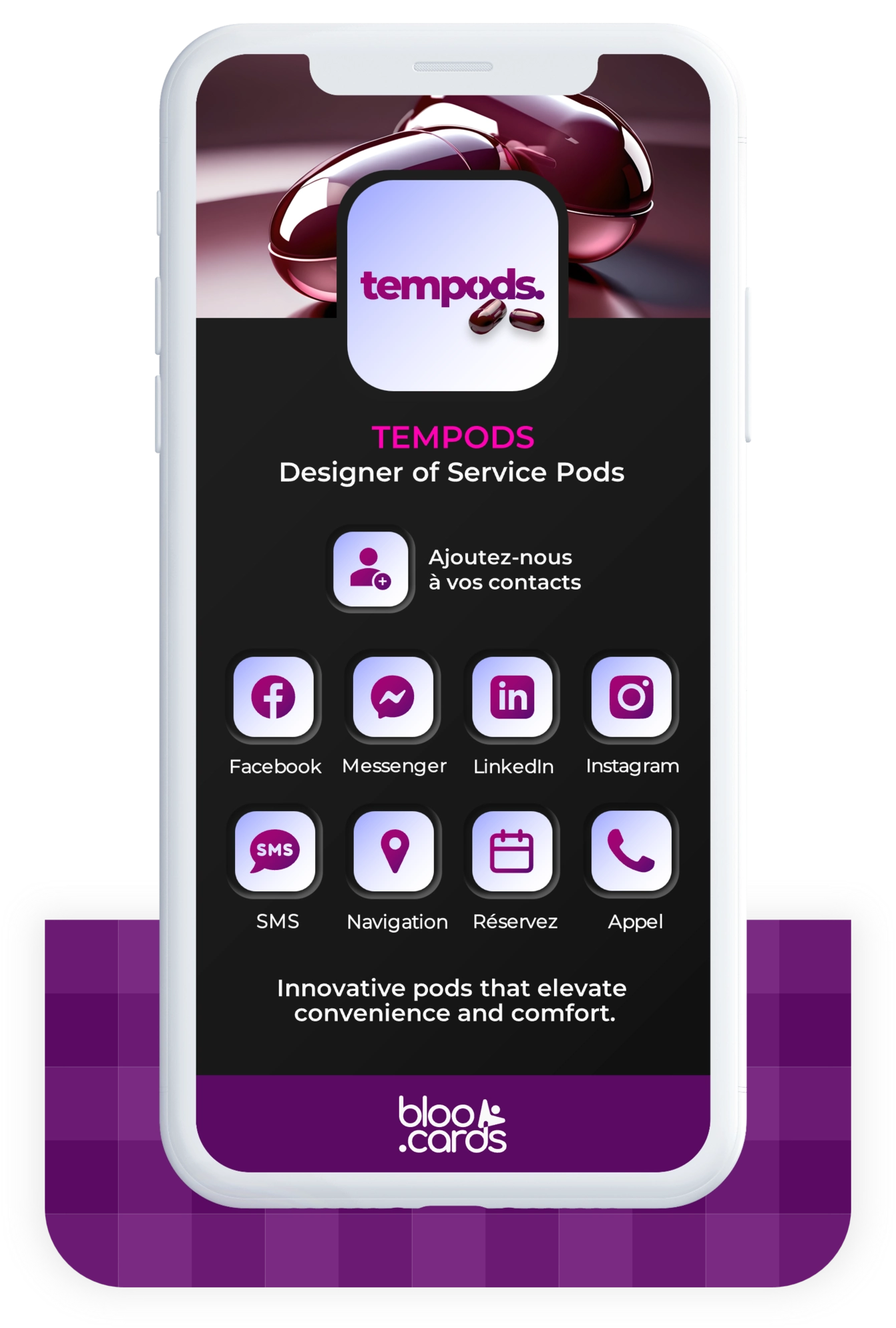 Carte digitale bloo.Cards de TEMPODS, concepteur de pods de service : innovation, prise de contact rapide et navigation simplifiée