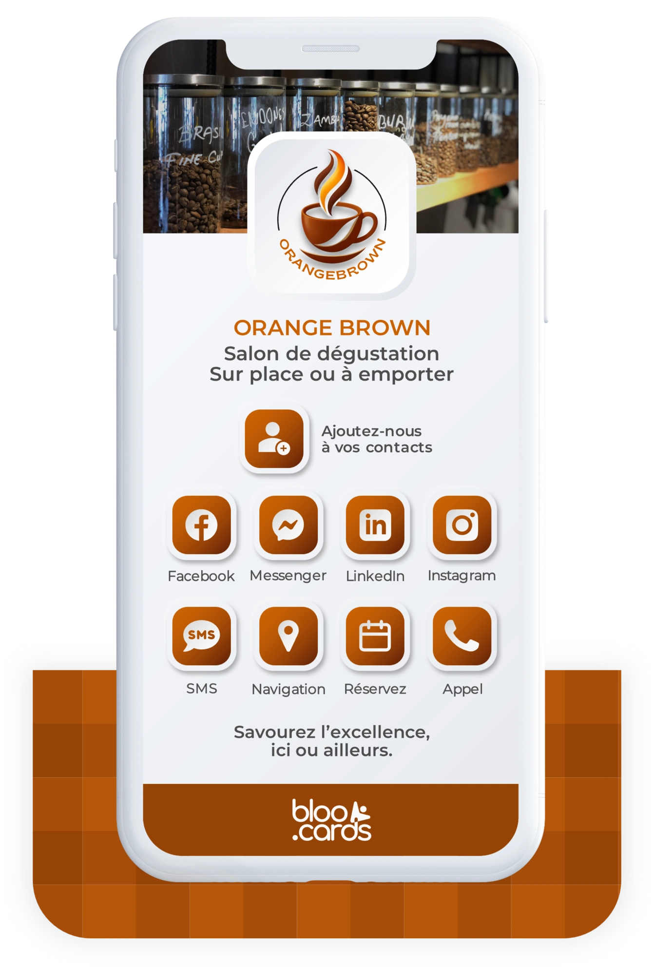 Carte digitale bloo.Cards du salon de dégustation ORANGE BROWN : sur place ou à emporter, réservez, contactez ou naviguez facilement