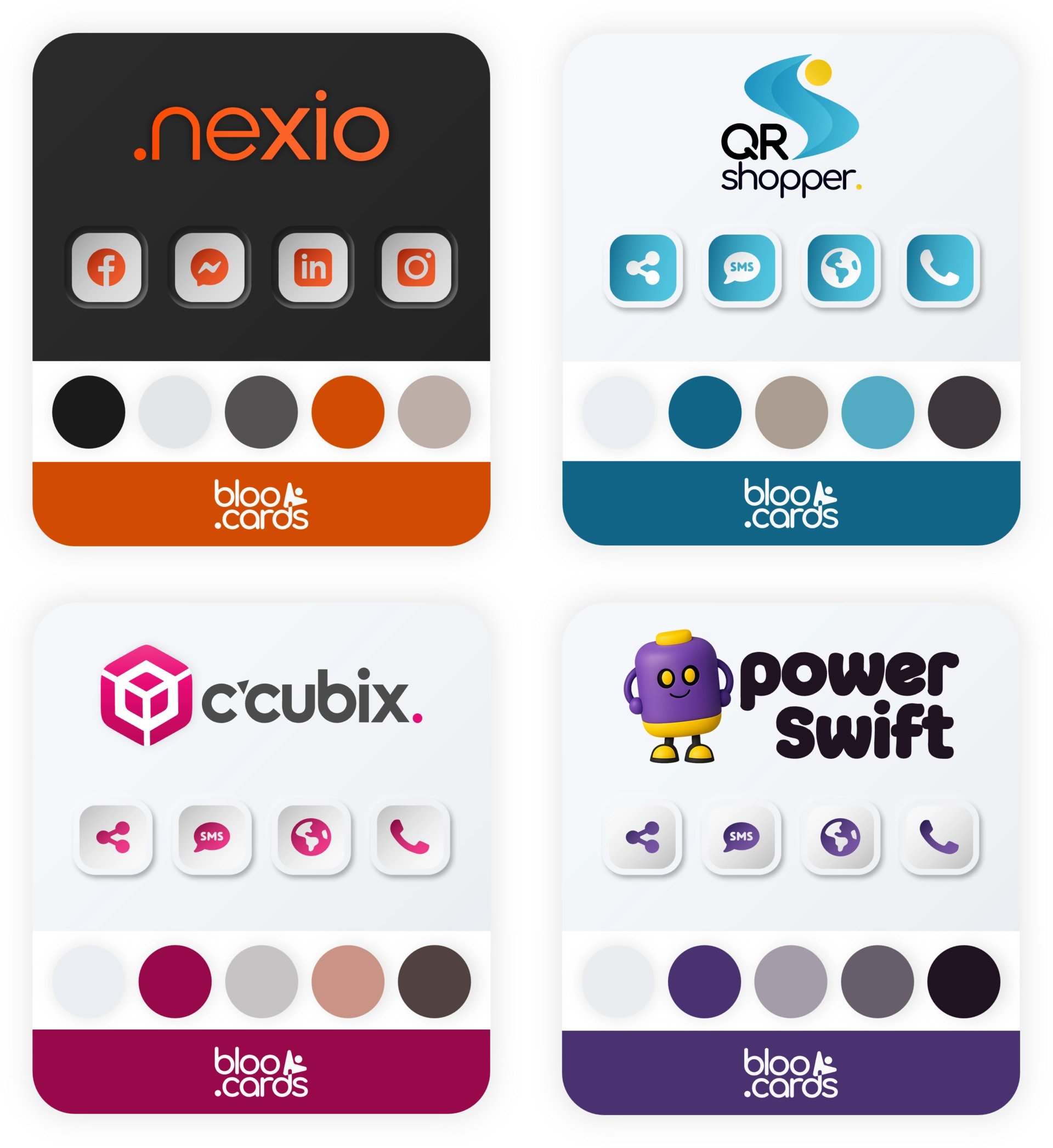 Cartes digitales bloo.Cards personnalisées pour nexio, QR Shopper, c’cubix et power swift avec leurs palettes de couleurs uniques et boutons sociaux adaptés