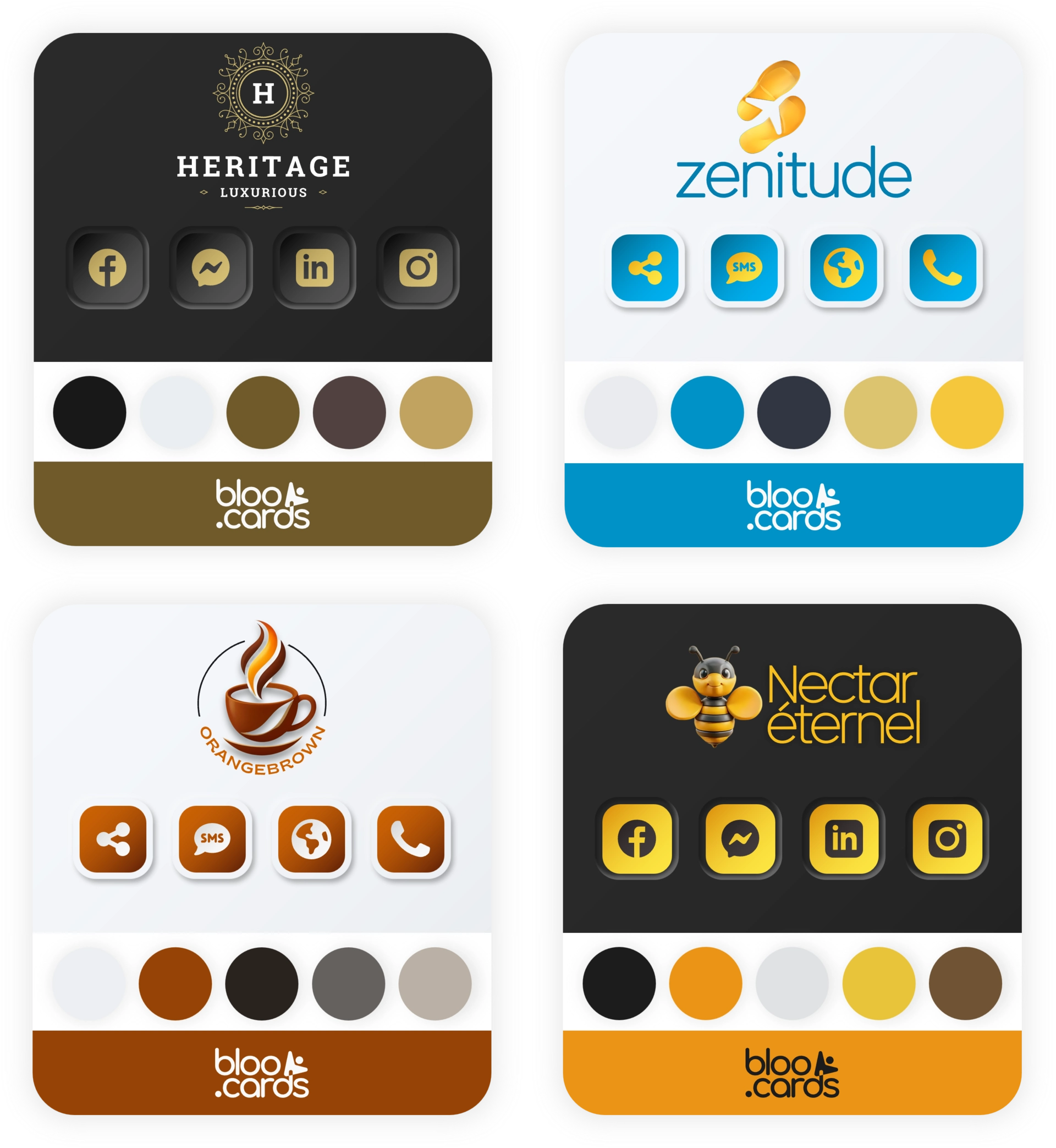 Exemples de cartes bloo.Cards personnalisées pour HERITAGE, Zenitude, Orange Brown et Nectar Éternel, avec icônes sociales et palettes de couleurs sur mesure