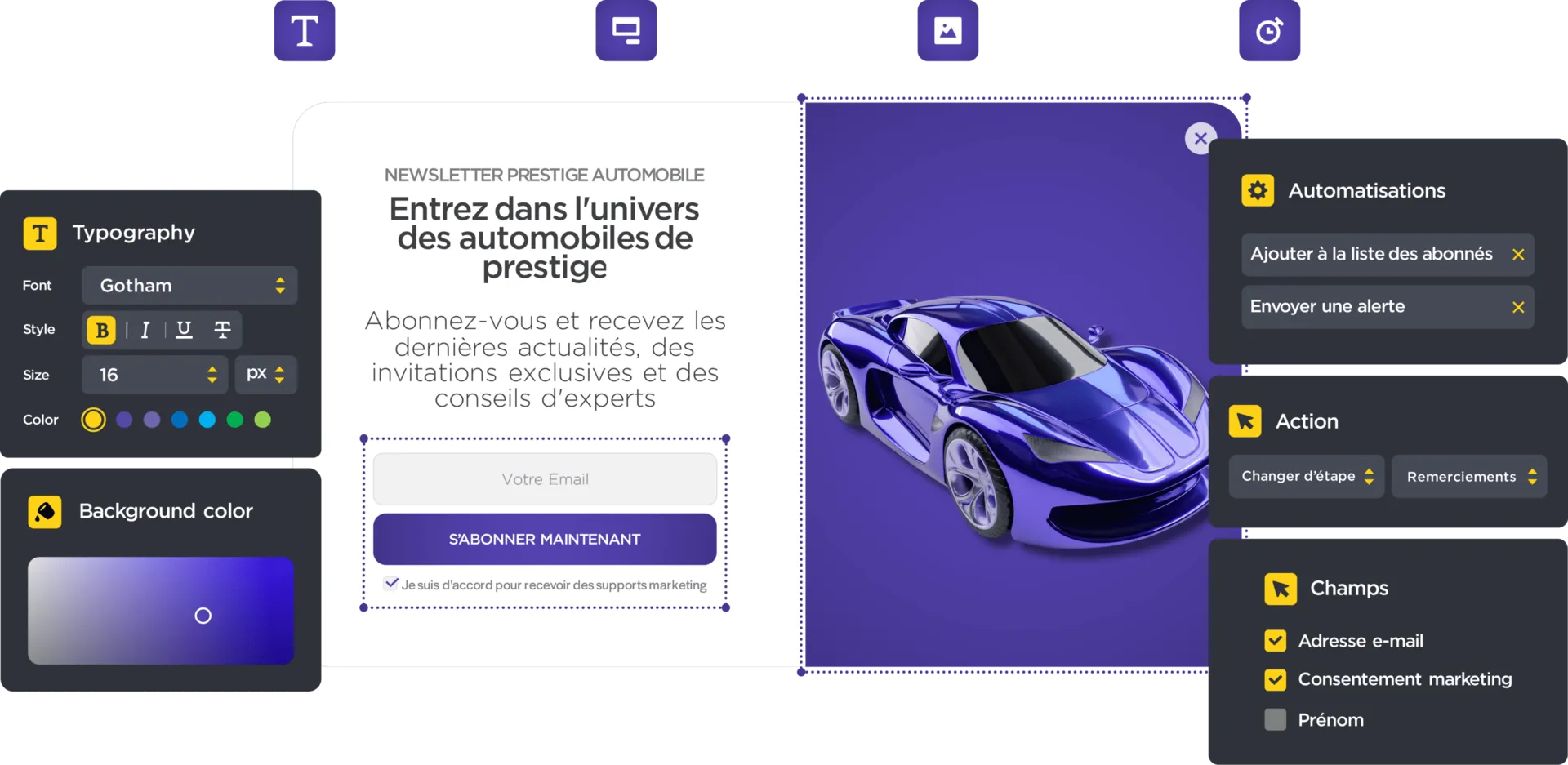 Fonctionnalités CMS autour d'une page web en construction, symbolisant l'usage facile du glisser-déposer bloow