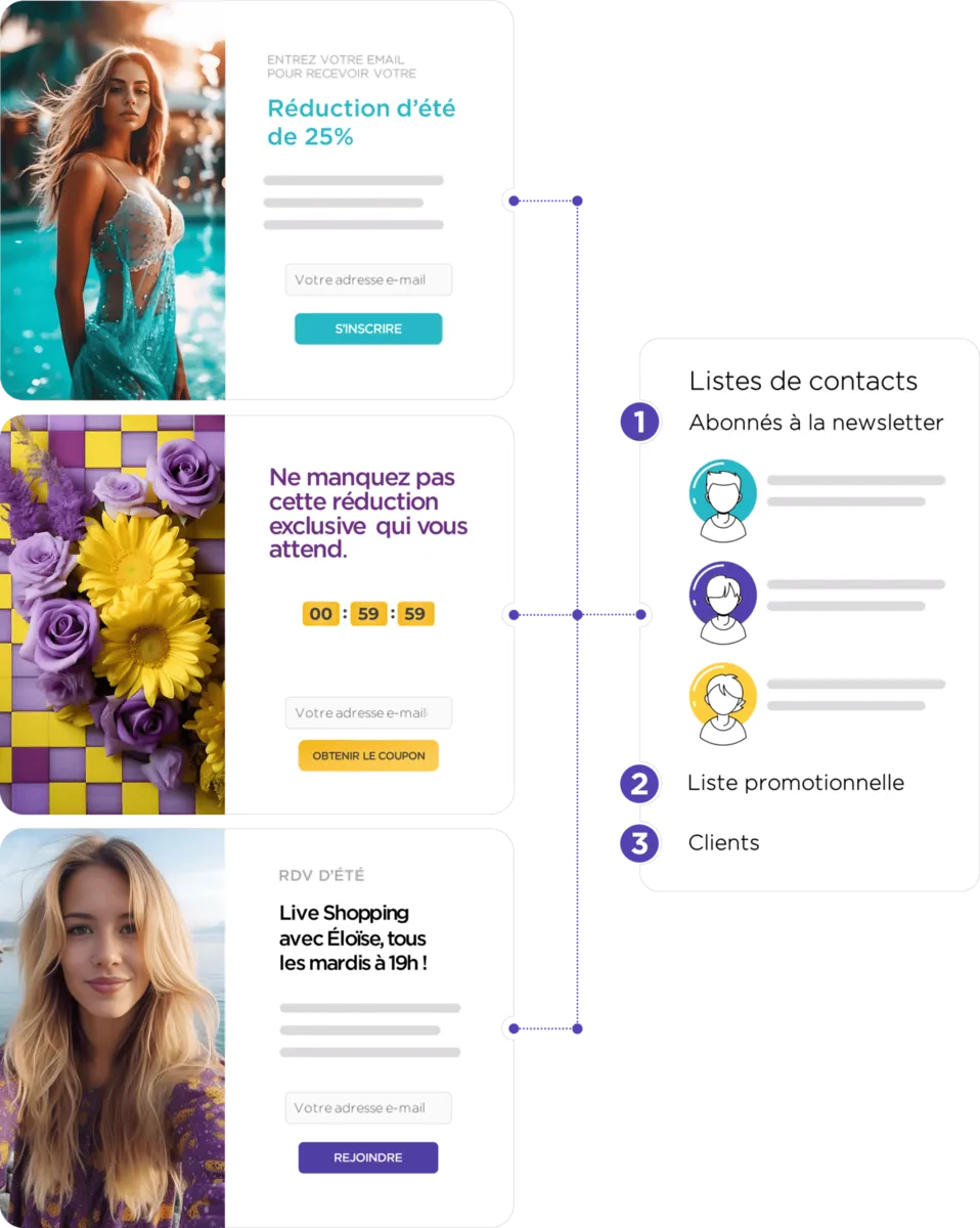 Formulaires de collecte d'emails menant à une vue CRM, symbolisant la transformation des visiteurs en contacts