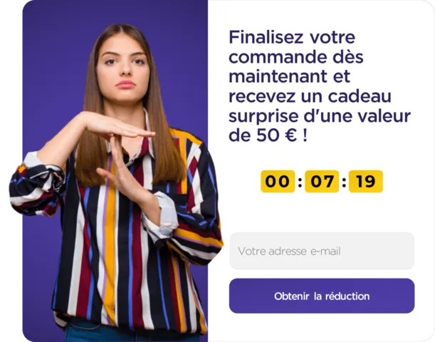 Illustration d'une offre limitée dans le temps avec une réduction de 50€, exploitant le FOMO pour encourager l'achat immédiat