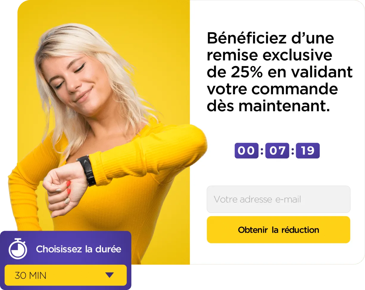 Image d'une femme et un compte à rebours, symbolisant des promotions engageantes pour améliorer l'expérience client