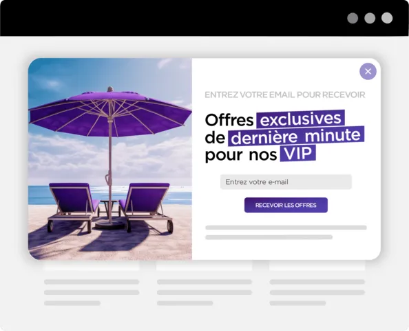 Image illustrant la promotion de dernière minute d'une offre de vacances, avec une vue sur la mer, un parasol et des transats, symbolisant l'unicité et l'attractivité d'un site web bien conçu.