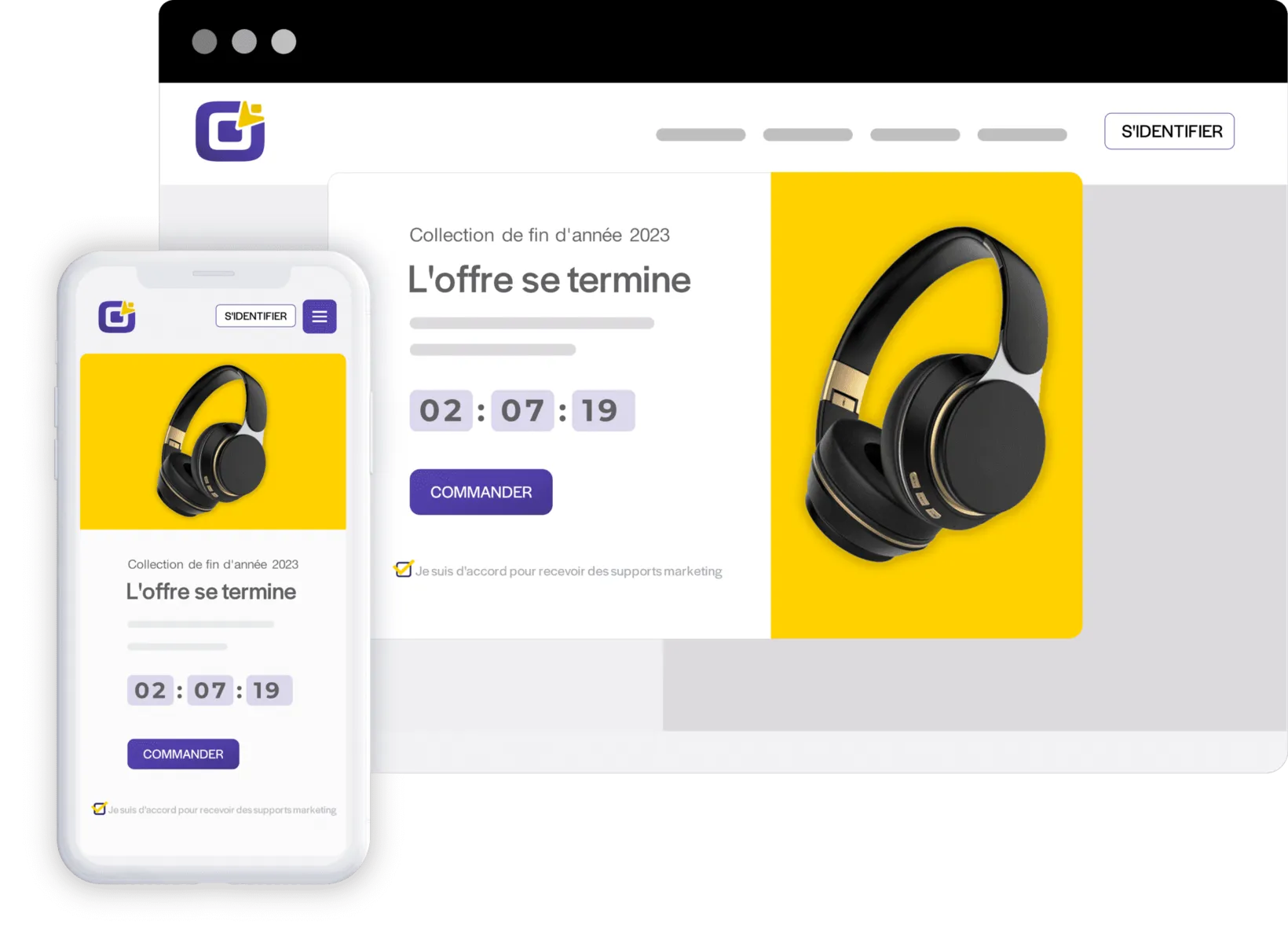 Illustration d'une page de vente pour un casque musical sur PC et mobile, symbolisant une expérience mobile de qualité