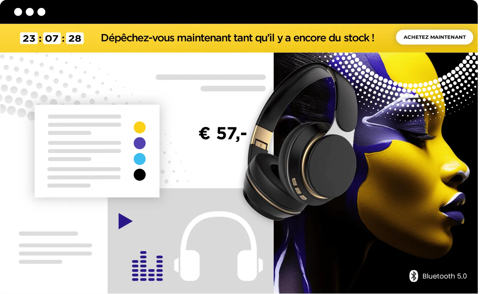 Publicité web avec femme, casque haute fidélité, et compte à rebours, symbolisant des offres uniques pour captiver le public
