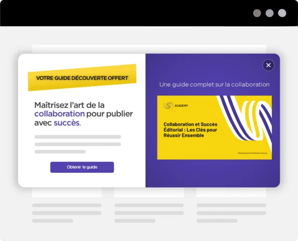 Illustration d'un popup promotionnel pour téléchargements numériques : Offrez un ebook et augmentez vos chances de conversion.