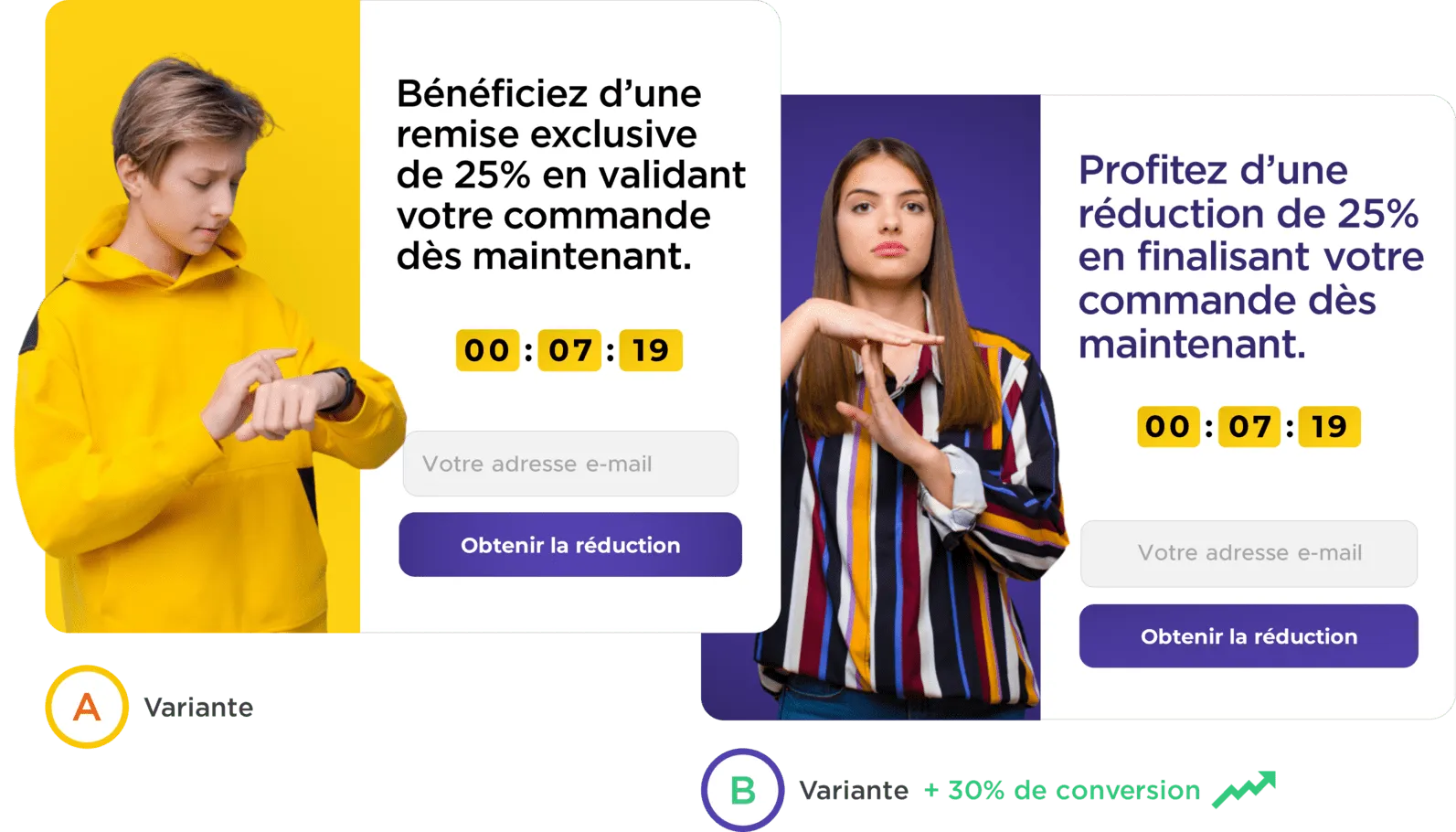 Illustration de tests A/B : Prenez des décisions éclairées en optimisant design, texte et timing pour un meilleur taux de conversion.